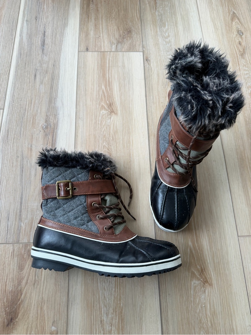 Women's Faux-Fur Trim Winter Duck Boots - Gray Brown Black